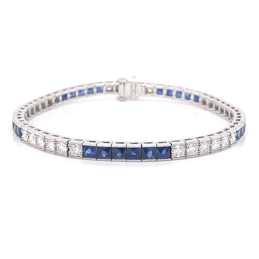 French Cut Sapphire & Round Diamond Bracelet in Platinum