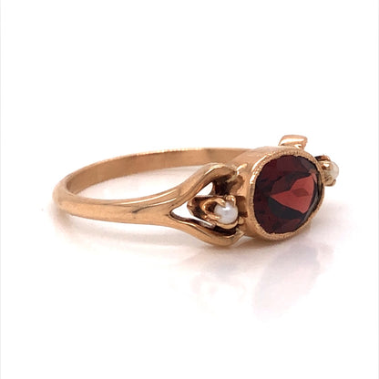 Victorian Garnet & Pearl Ring in 10k Yellow Gold