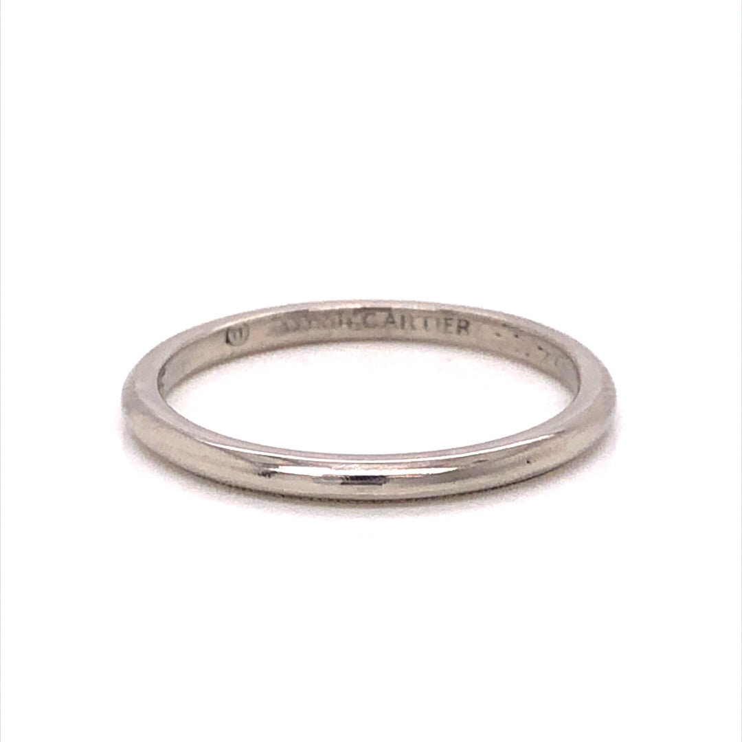 Cartier Thin Wedding Band in PlatinumComposition: PlatinumRing Size: 4.75Total Gram Weight: 2.2 gInscription: Cartier 117G J.D. to L.D.A 9.21.85