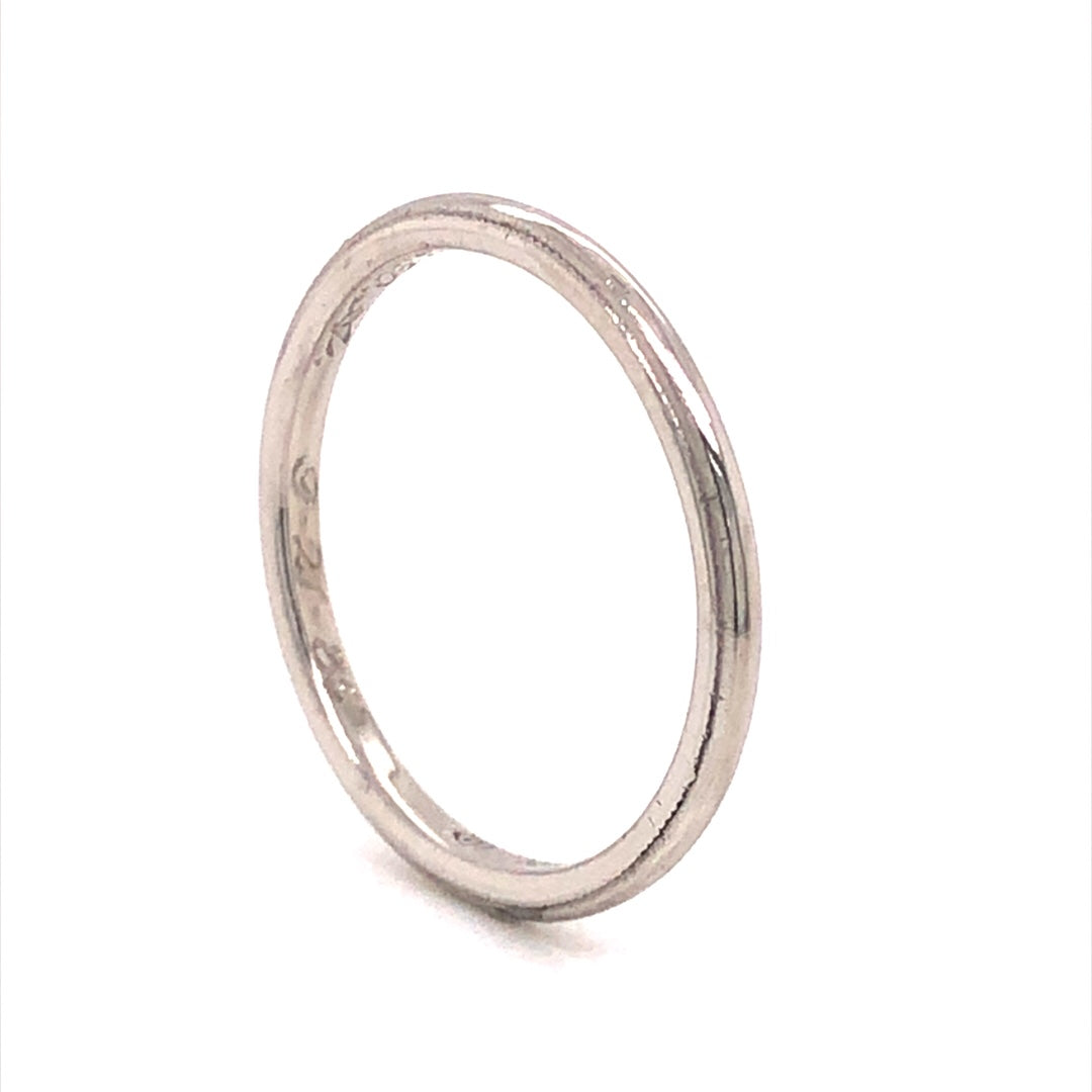 Cartier Thin Wedding Band in PlatinumComposition: PlatinumRing Size: 4.75Total Gram Weight: 2.2 gInscription: Cartier 117G J.D. to L.D.A 9.21.85