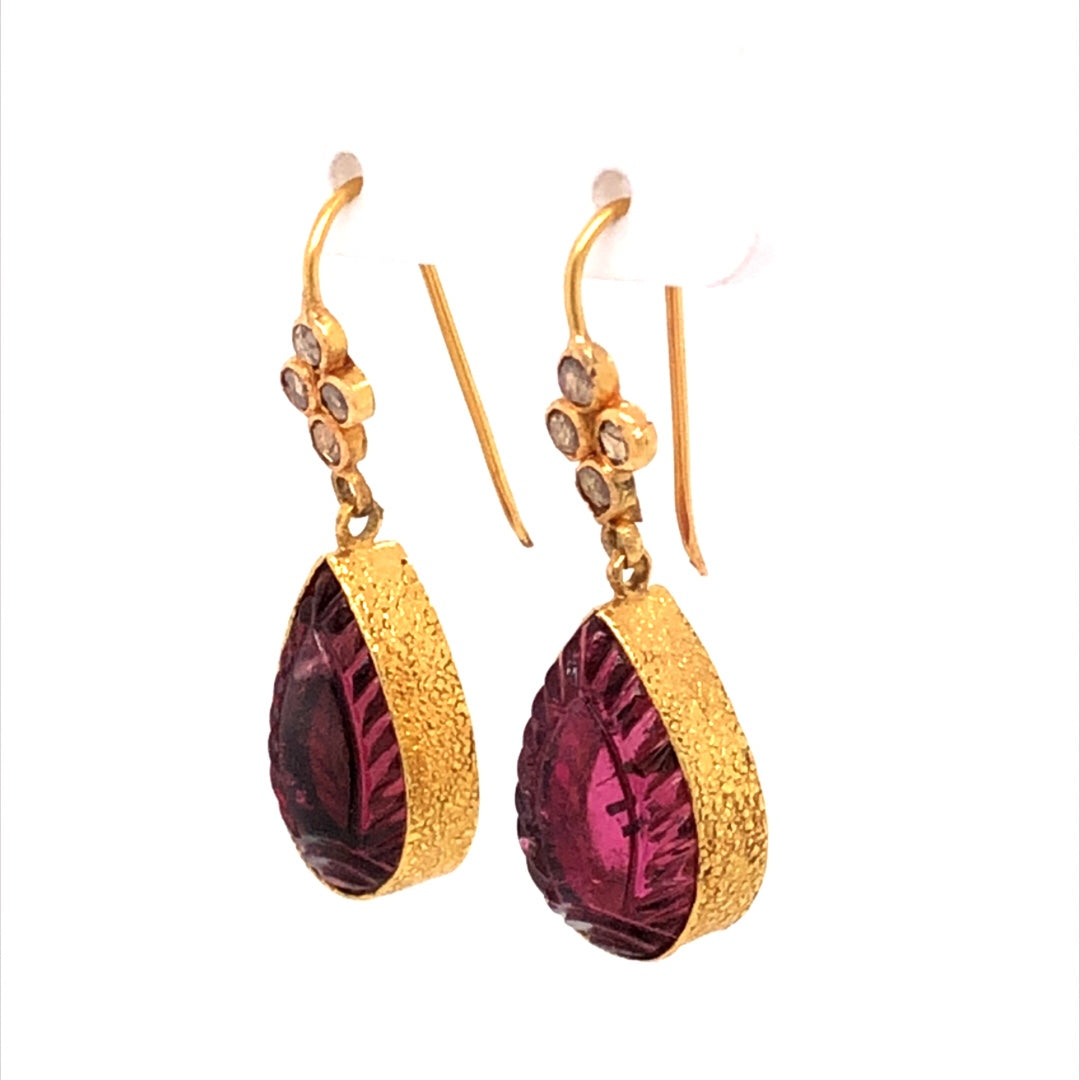 Carved Rubellite Drop Earrings in 18k Yellow GoldComposition: 18 Karat Yellow GoldTotal Gram Weight: 5.5 g