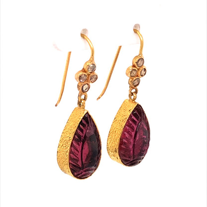 Carved Rubellite Drop Earrings in 18k Yellow Gold