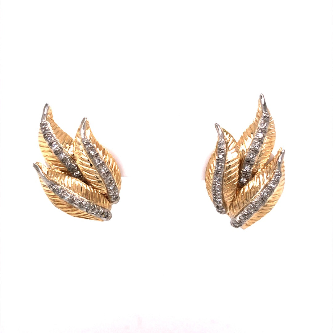 Diamond Leaf Cluster Earrings in 14k Yellow GoldComposition: 14 Karat Yellow Gold/14 Karat White Gold Total Diamond Weight: .52ct Total Gram Weight: 14.5 g Inscription: 14k
      