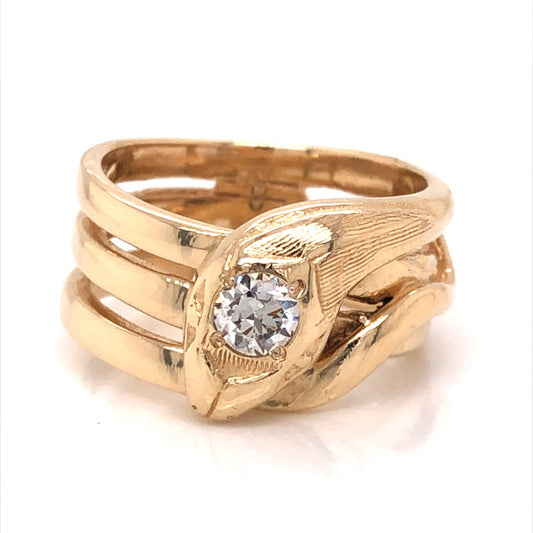 Mid-Century Diamond Head Snake Ring in 14k Yellow Gold