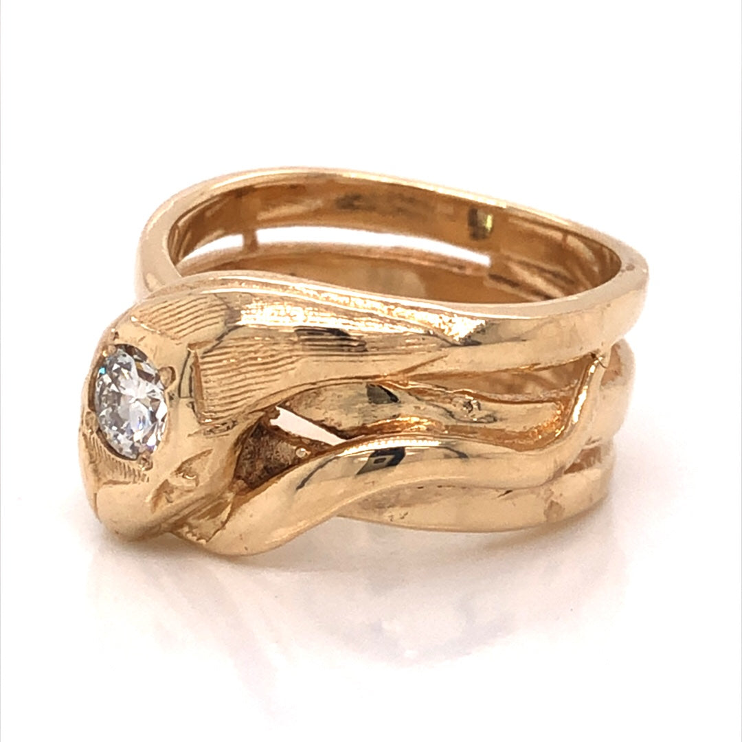 Mid-Century Diamond Head Snake Ring in 14k Yellow GoldComposition: 14 Karat Yellow Gold Ring Size: 6 Total Diamond Weight: .30ct Total Gram Weight: 8.65 g Inscription: H.C. 14k
      