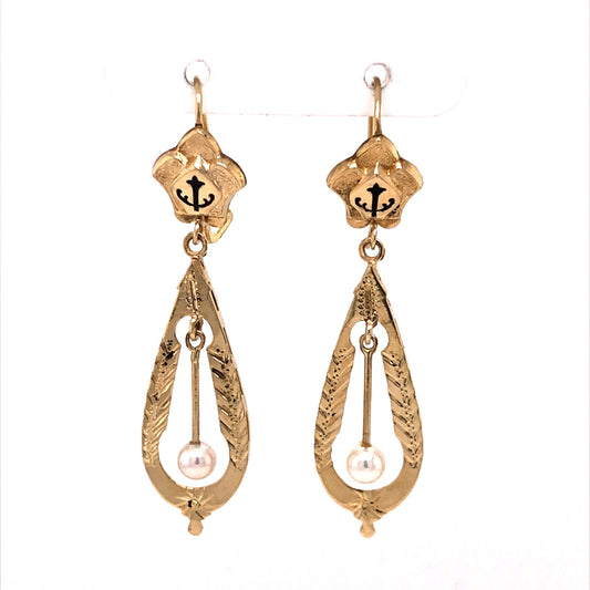 Victorian Pearl Drop Earrings in 14k Yellow Gold