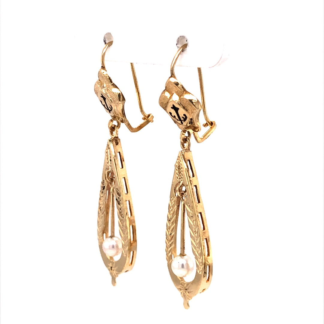 Victorian Pearl Drop Earrings in 14k Yellow Gold