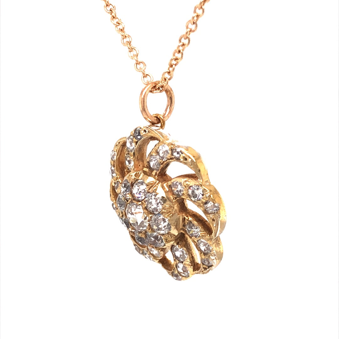 Victorian Diamond Flower Pendant Necklace in 14k Yellow GoldComposition: 14 Karat Yellow GoldTotal Diamond Weight: 2.15 ctTotal Gram Weight: 7.3 gInscription: 14k