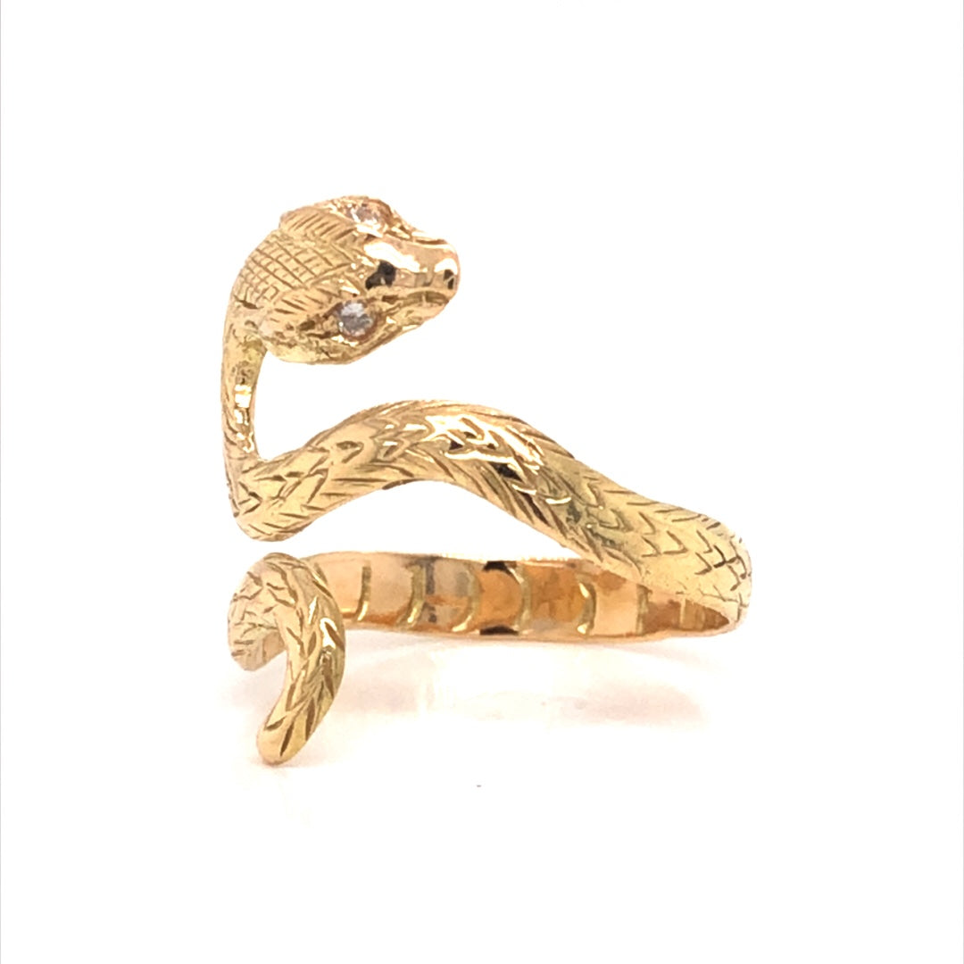 Vintage Snake Ring w/ Diamond Eyes in 18k Yellow Gold