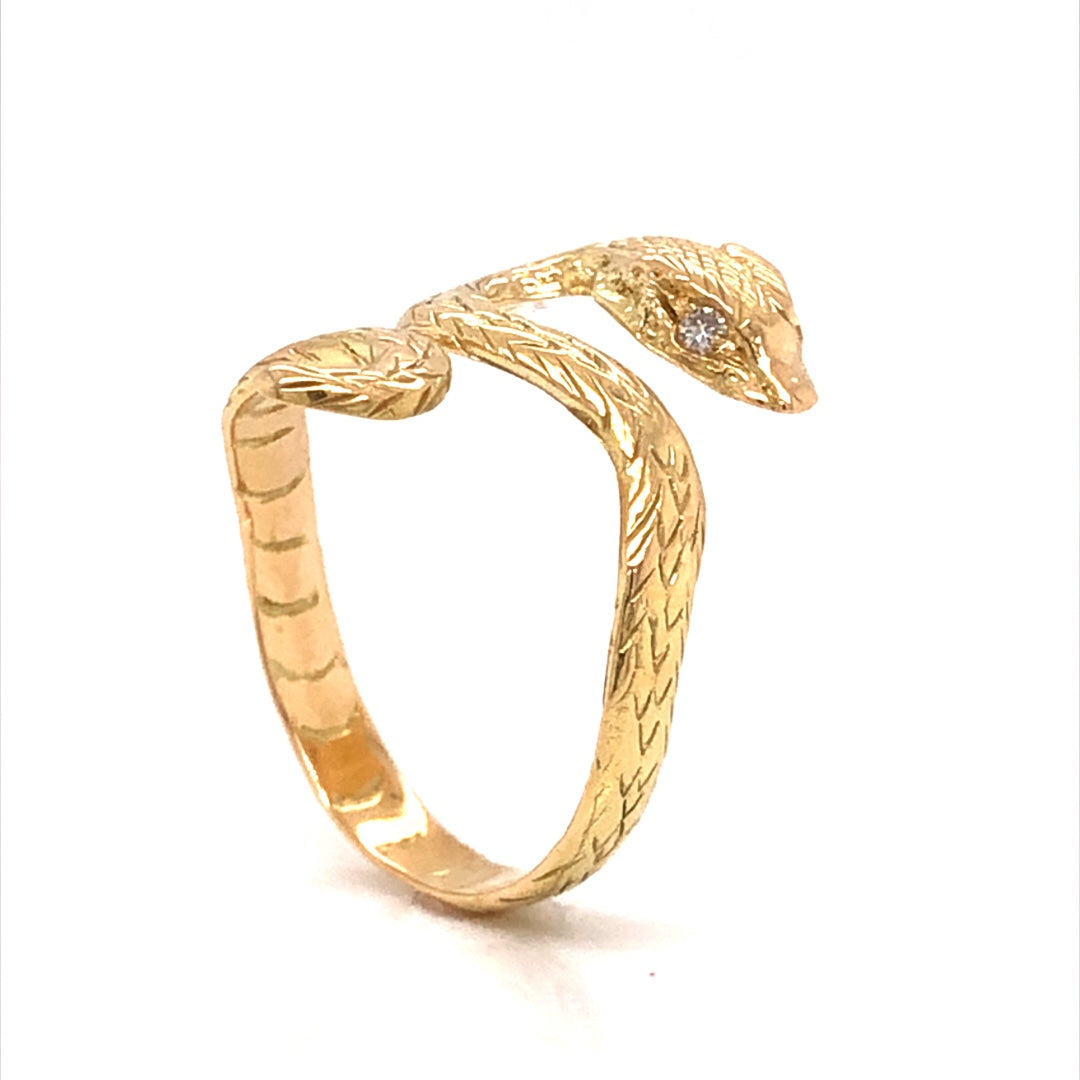 Vintage Snake Ring w/ Diamond Eyes in 18k Yellow Gold