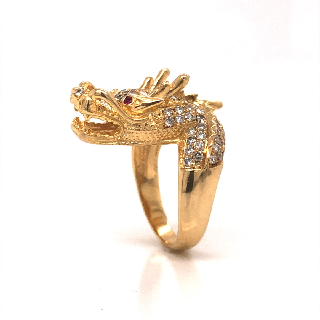 Pave Diamond Dragon Ring in 18k Yellow GoldComposition: 18 Karat Yellow Gold Ring Size: 7 Total Diamond Weight: .84ct Total Gram Weight: 11.4 g