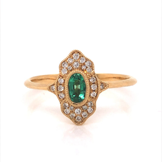 Antique Inspired Oval Emerald & Diamond Ring in 18k Yellow Gold