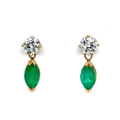 Diamond & Marquise Cut Emerald Earrings in 14k Yellow Gold