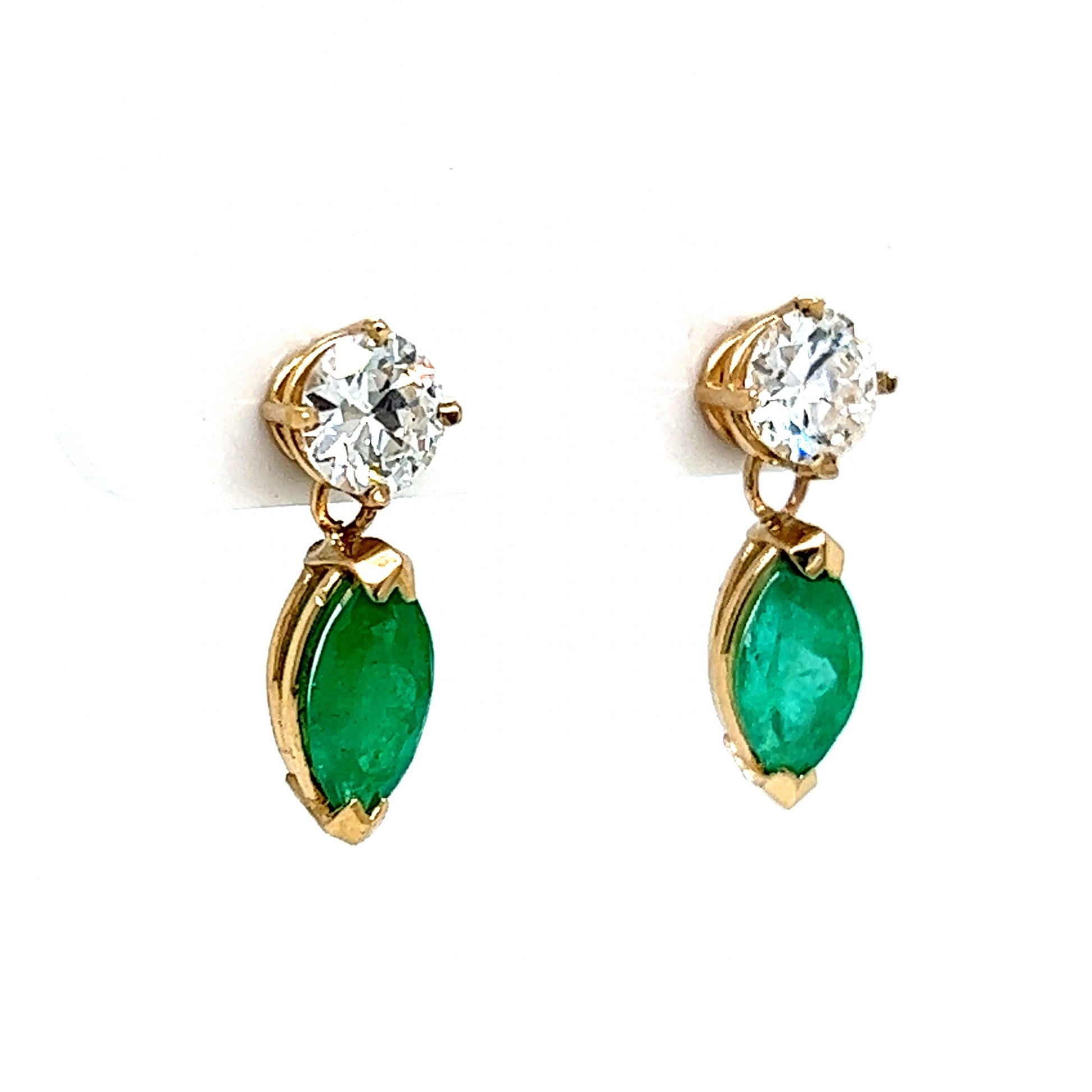 Diamond & Marquise Cut Emerald Earrings in 14k Yellow Gold