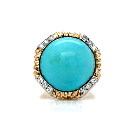 Vintage Round Turquoise & Diamond Ring in 14k Yellow Gold