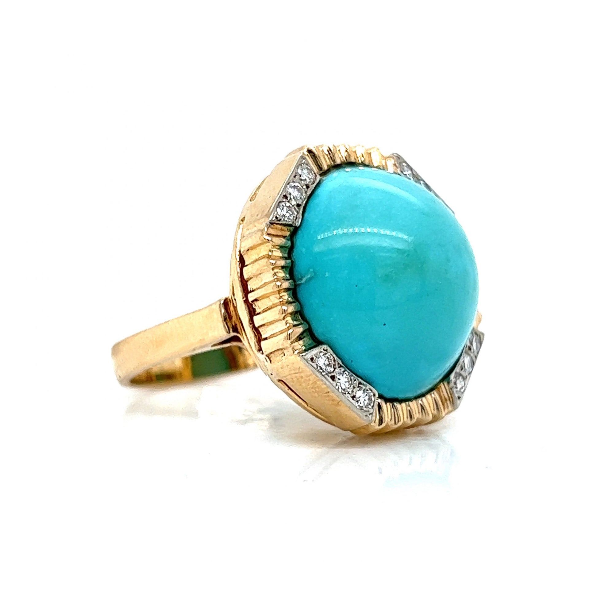 Vintage Round Turquoise & Diamond Ring in 14k Yellow GoldComposition: 14 Karat Yellow Gold Ring Size: 6.5 Total Diamond Weight: .24ct Total Gram Weight: 8.8 g Inscription: 14k
      