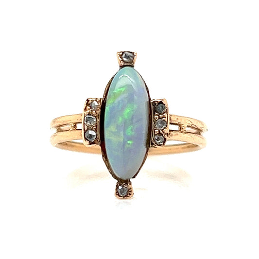 Victorian Oval Opal & Diamond Ring in 14k Yellow Gold