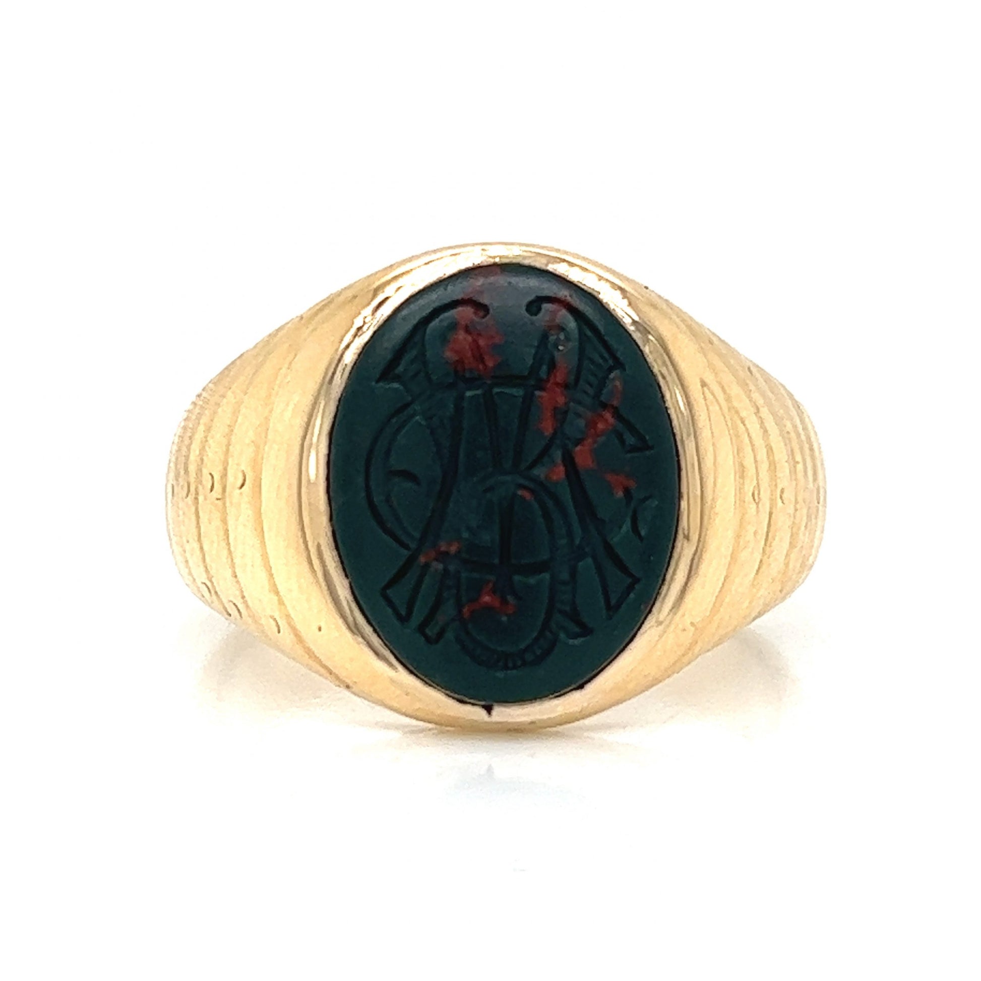 Vintage Men's Carved Bloodstone Ring in 14k Yellow GoldComposition: 14 Karat Yellow GoldRing Size: 10Total Gram Weight: 12.9 gInscription: 14k