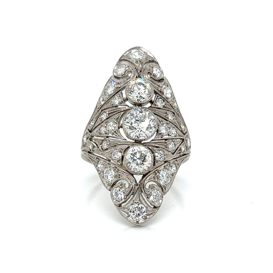 Art Deco Navette Diamond Cocktail Ring in Platinum