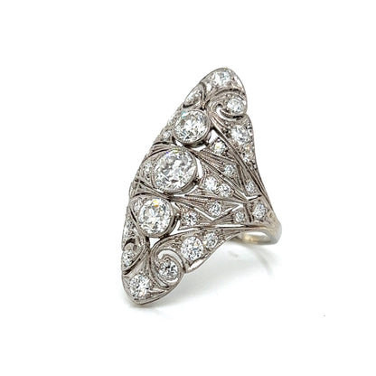 Art Deco Navette Diamond Cocktail Ring in Platinum