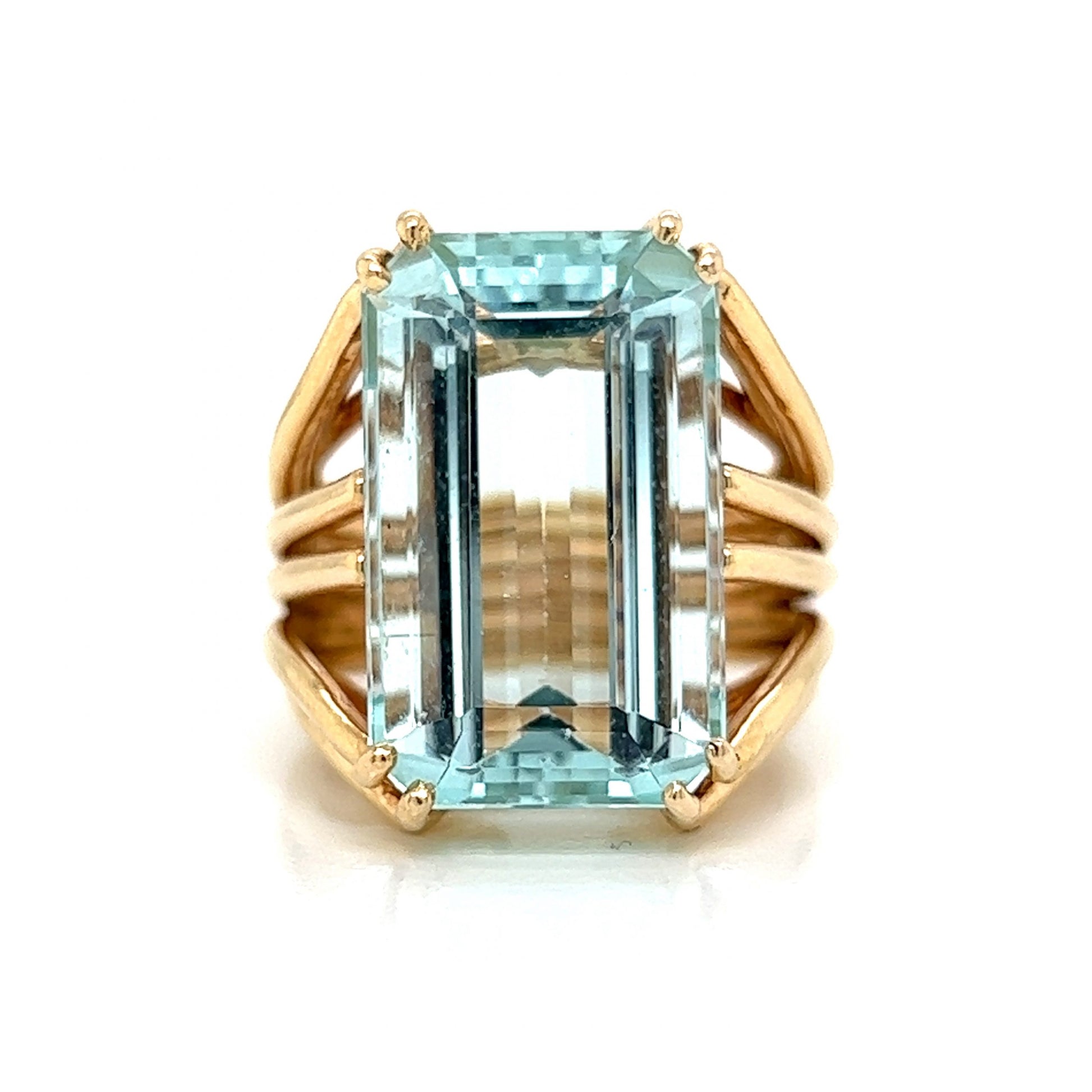 Mid-Century Aquamarine Cocktail Ring in 14k Yellow GoldComposition: 14 Karat Yellow GoldRing Size: 5Total Gram Weight: 12.0 gInscription: 14K