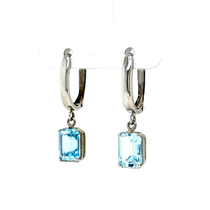 Emerald Cut Aquamarine Drop Earrings in 14k White Gold