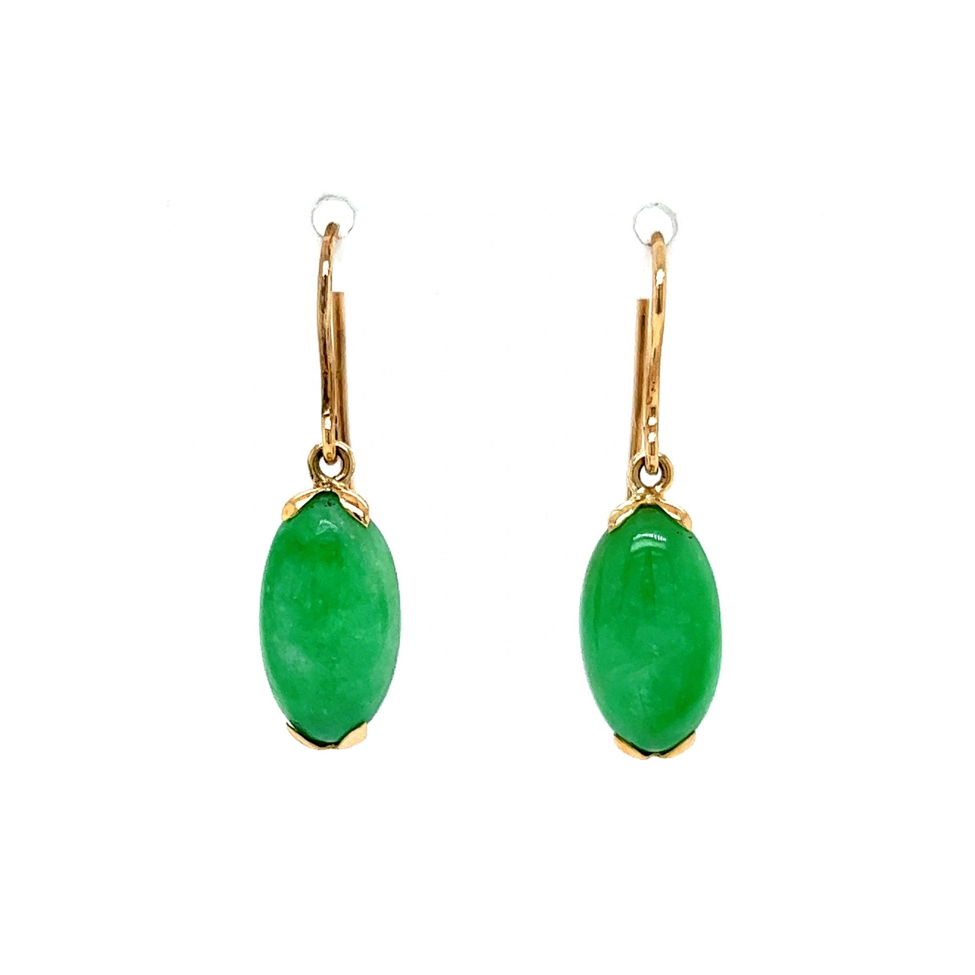 Oval Jade Drop Earrings in 14k Yellow GoldComposition: 14 Karat Yellow Gold Total Gram Weight: 3.0 g