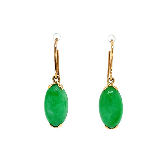 Oval Jade Drop Earrings in 14k Yellow Gold