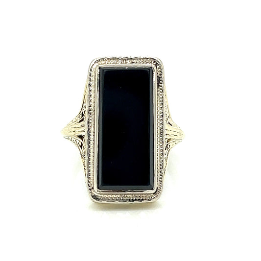 Late Art Deco Onyx Ring in 14k White & Yellow Gold