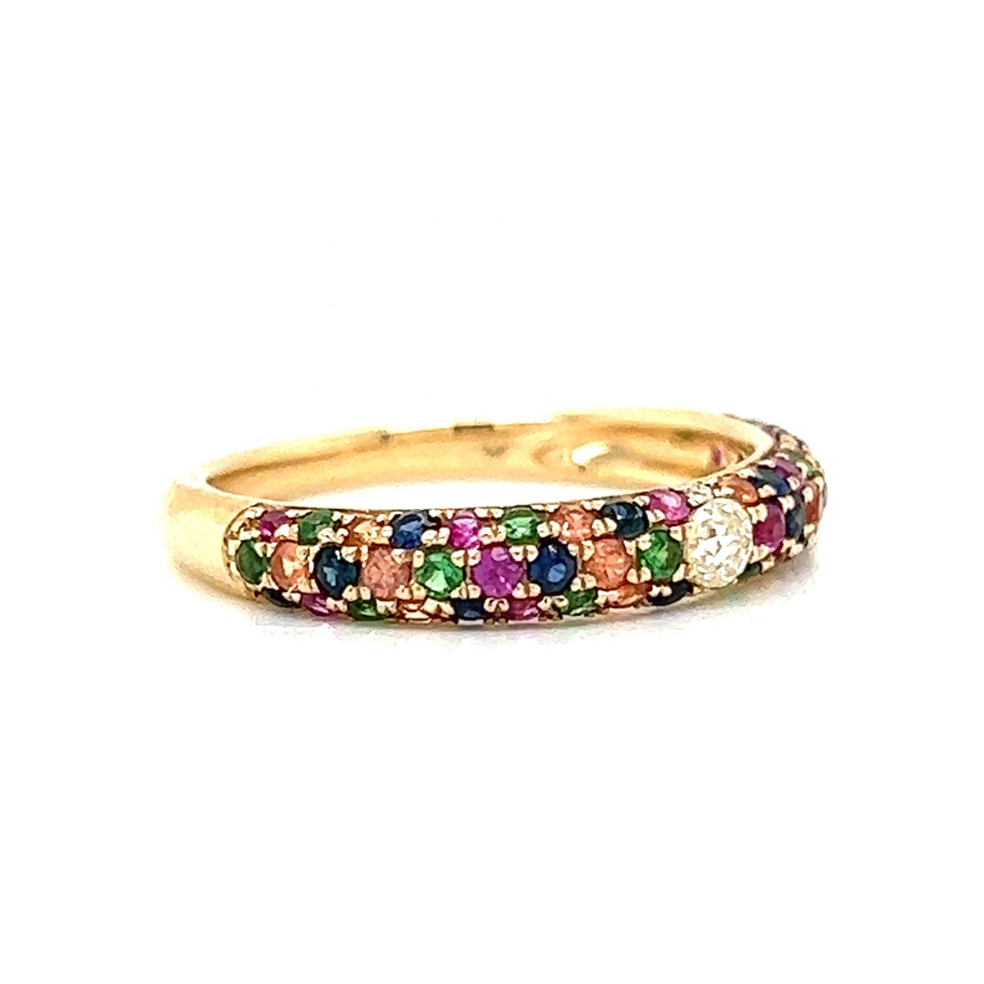 Multicolor Sapphire & Diamond Band in 14k Yellow GoldComposition: 14 Karat Yellow GoldRing Size: 6.5Total Diamond Weight: .12 ctTotal Gram Weight: 2.3 gInscription: 14k CS.11 SS.01 SO.80