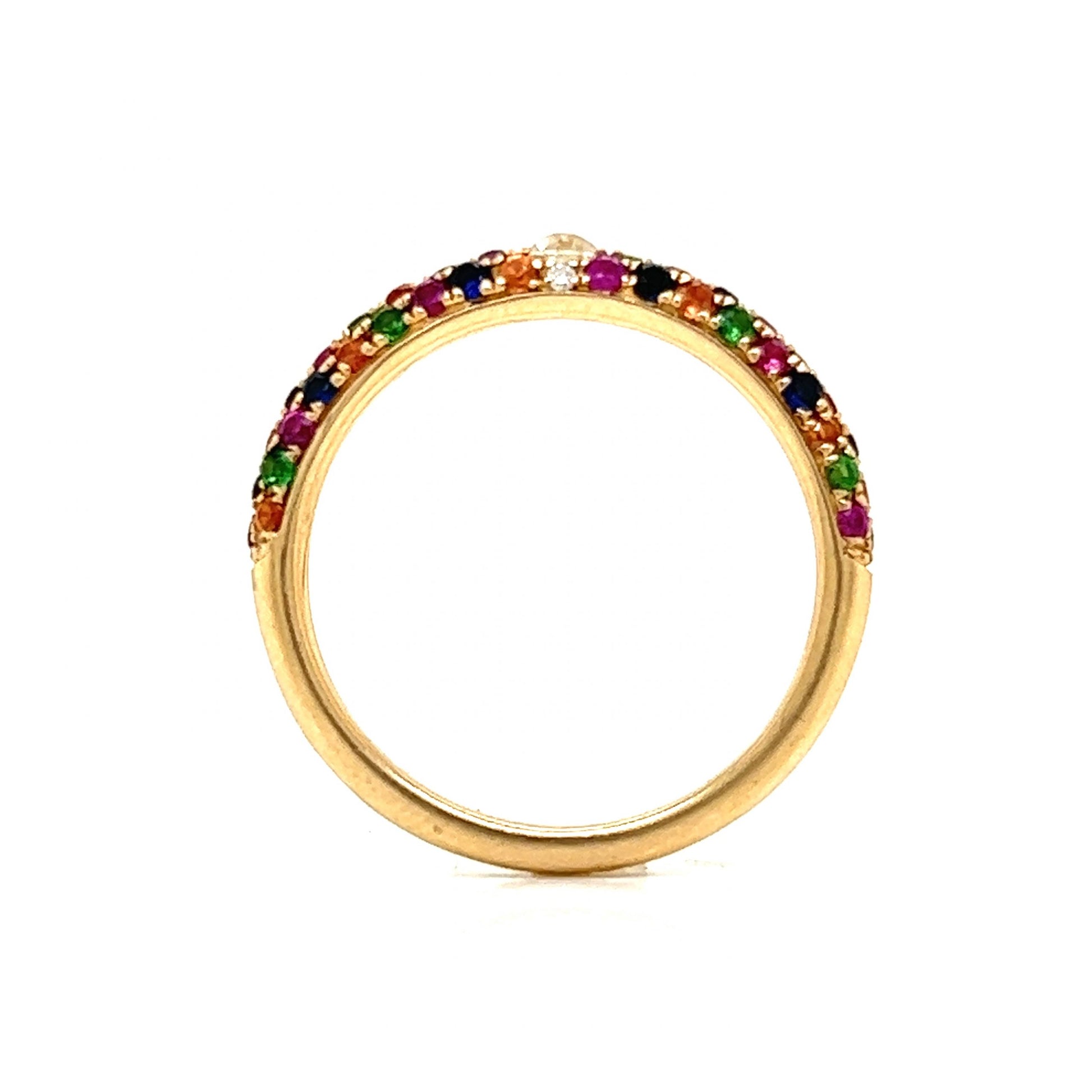 Multicolor Sapphire & Diamond Band in 14k Yellow GoldComposition: 14 Karat Yellow GoldRing Size: 6.5Total Diamond Weight: .12 ctTotal Gram Weight: 2.3 gInscription: 14k CS.11 SS.01 SO.80