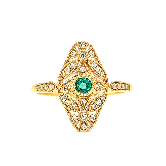 Antique Inspired Round Emerald & Diamond Ring in 18k Gold