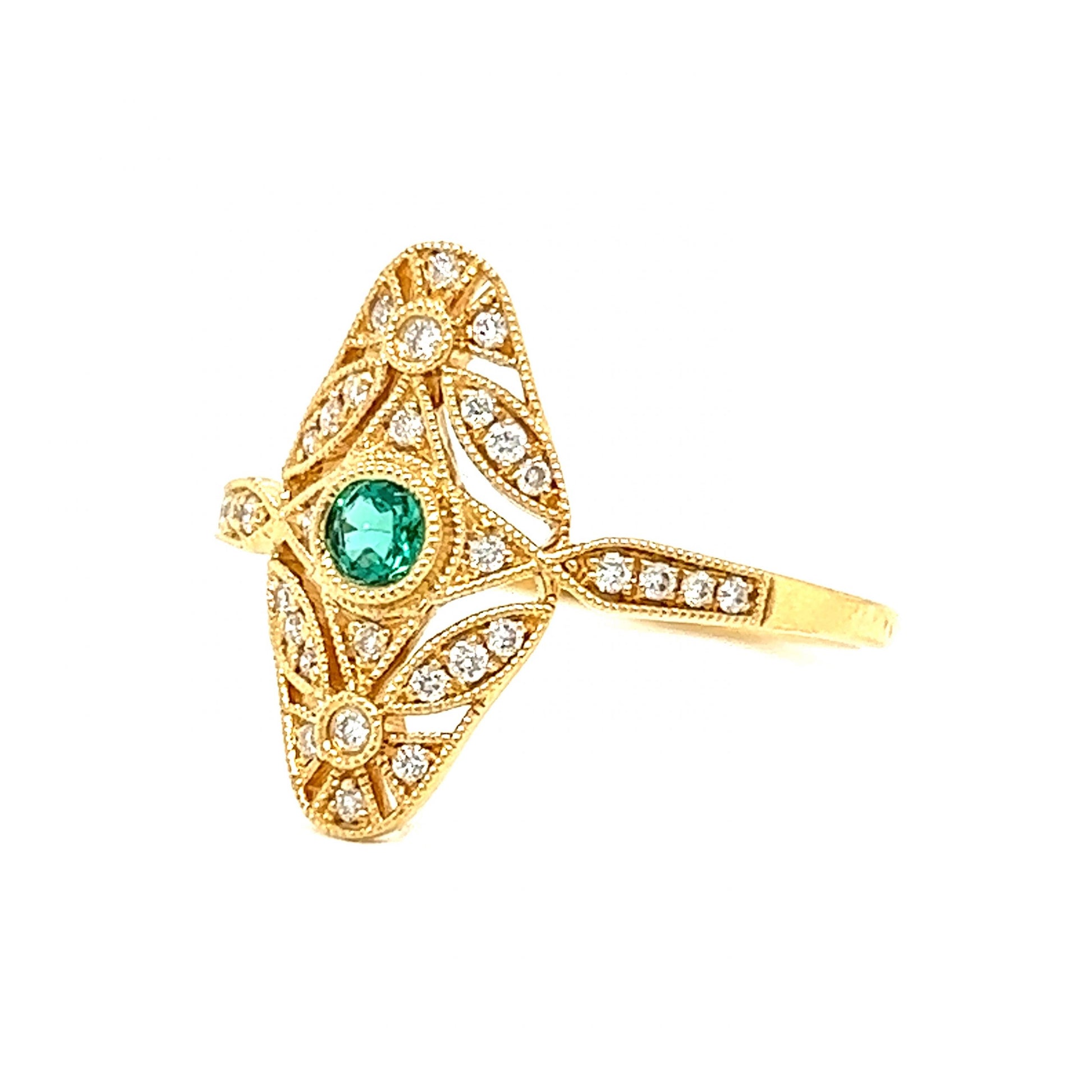 Antique Inspired Round Emerald & Diamond Ring in 18k GoldComposition: 18 Karat Yellow GoldRing Size: 6.5Total Diamond Weight: .15 ctTotal Gram Weight: 2.4 gInscription: JHK 18k
