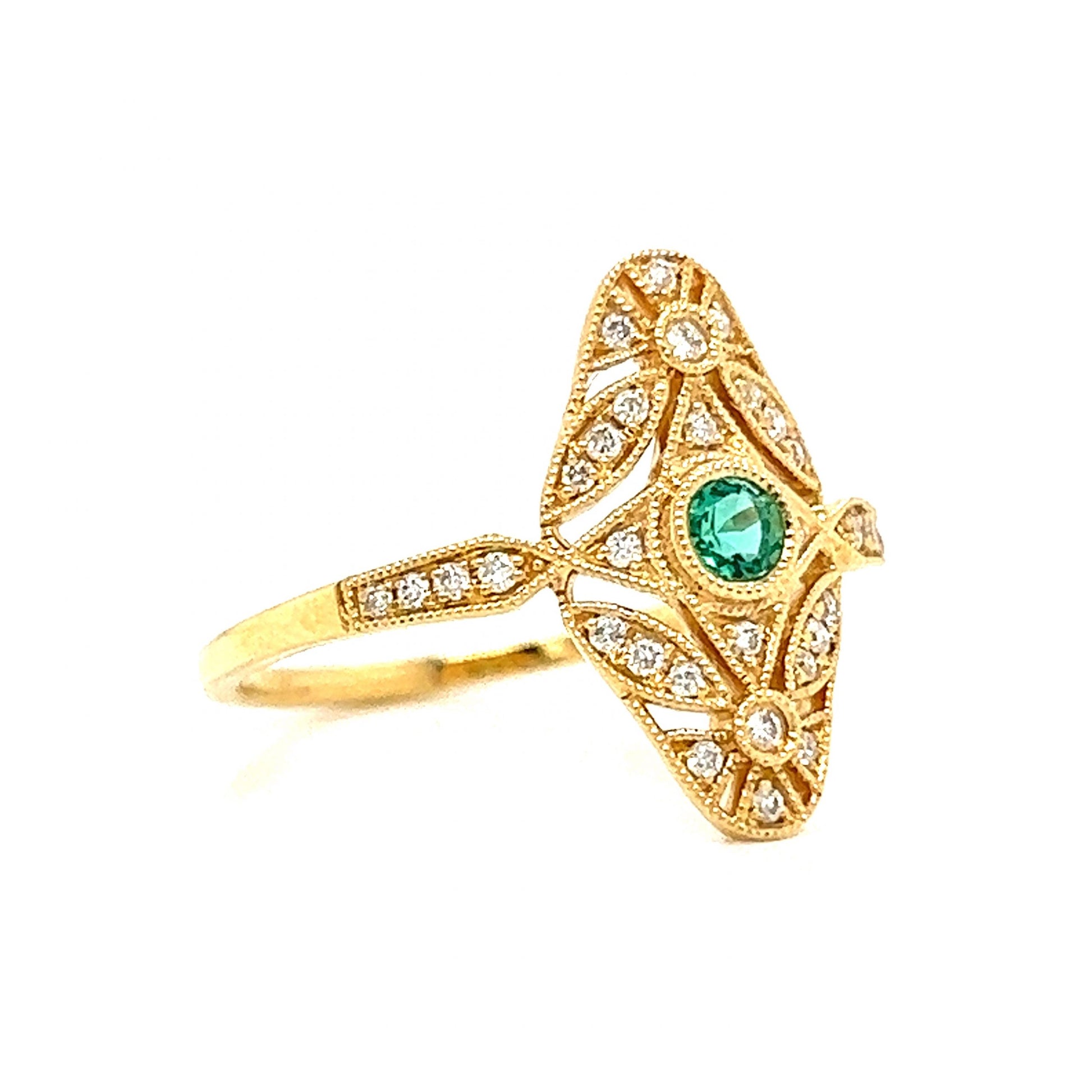 Antique Inspired Round Emerald & Diamond Ring in 18k GoldComposition: 18 Karat Yellow GoldRing Size: 6.5Total Diamond Weight: .15 ctTotal Gram Weight: 2.4 gInscription: JHK 18k