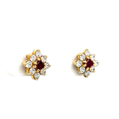 Diamond & Ruby Cluster Stud Earrings in 14k Yellow Gold