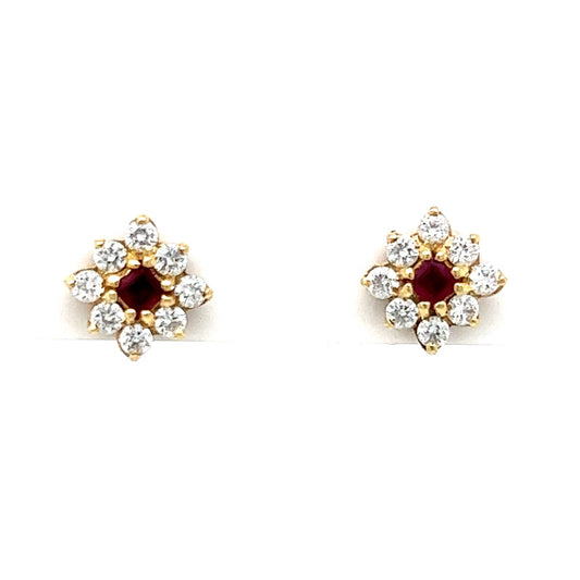 Diamond & Ruby Cluster Stud Earrings in 14k Yellow Gold