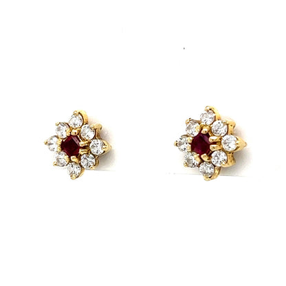 Diamond & Ruby Cluster Stud Earrings in 14k Yellow Gold