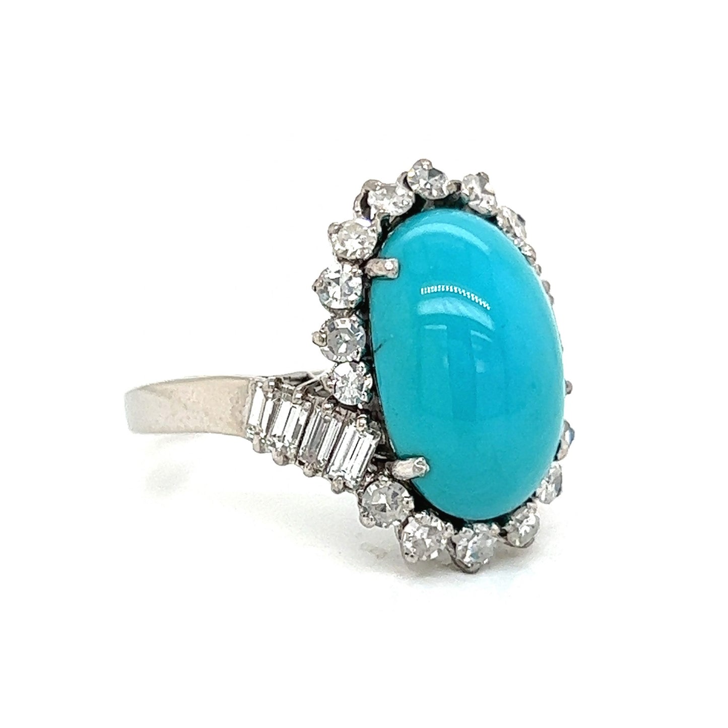 Mid-Century Turquoise & Diamond Cocktail Ring 18k White Gold