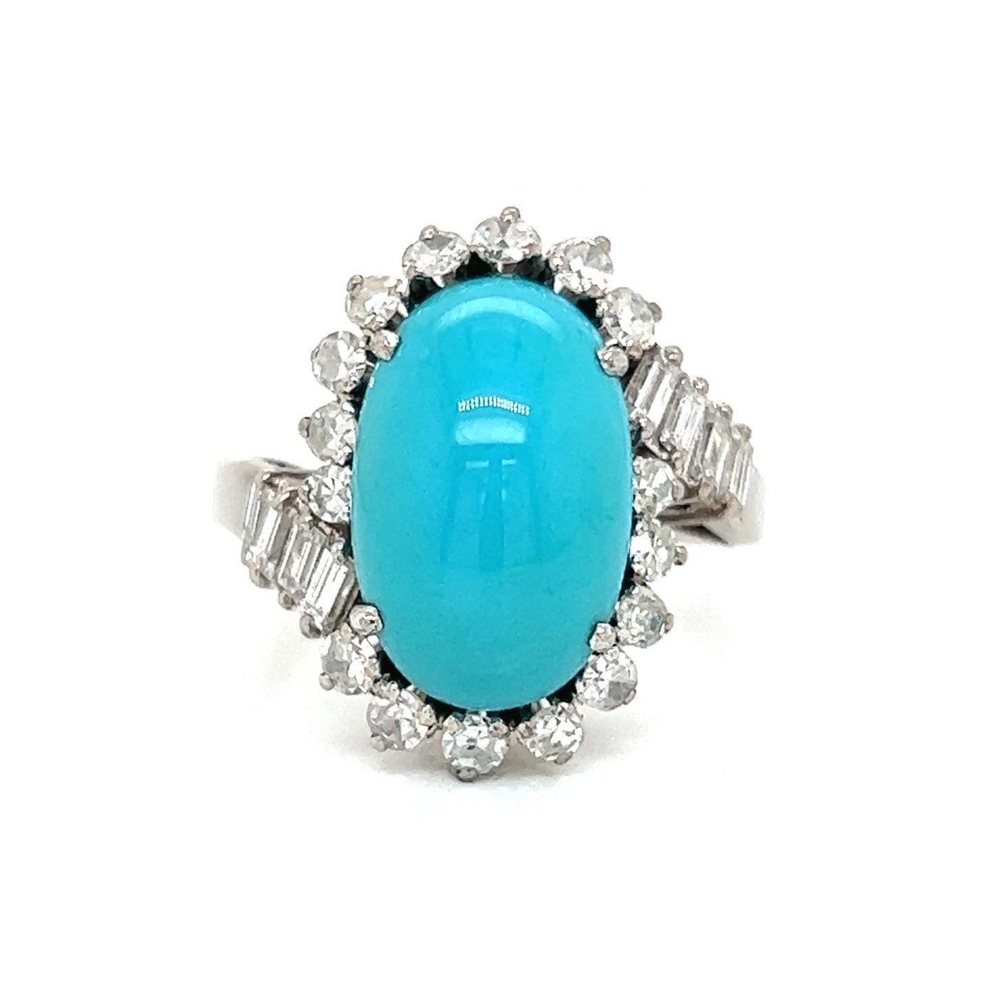 Mid-Century Turquoise & Diamond Cocktail Ring 18k White Gold