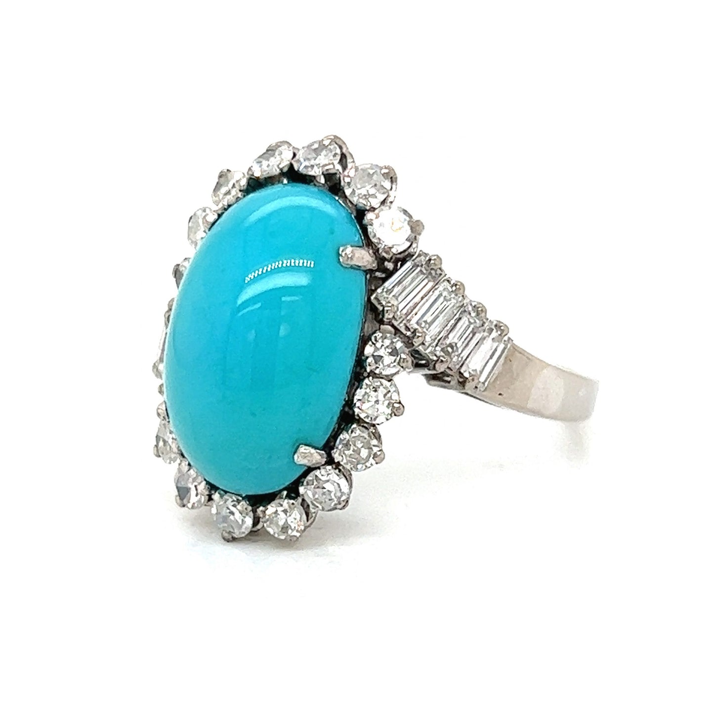 Mid-Century Turquoise & Diamond Cocktail Ring 18k White Gold