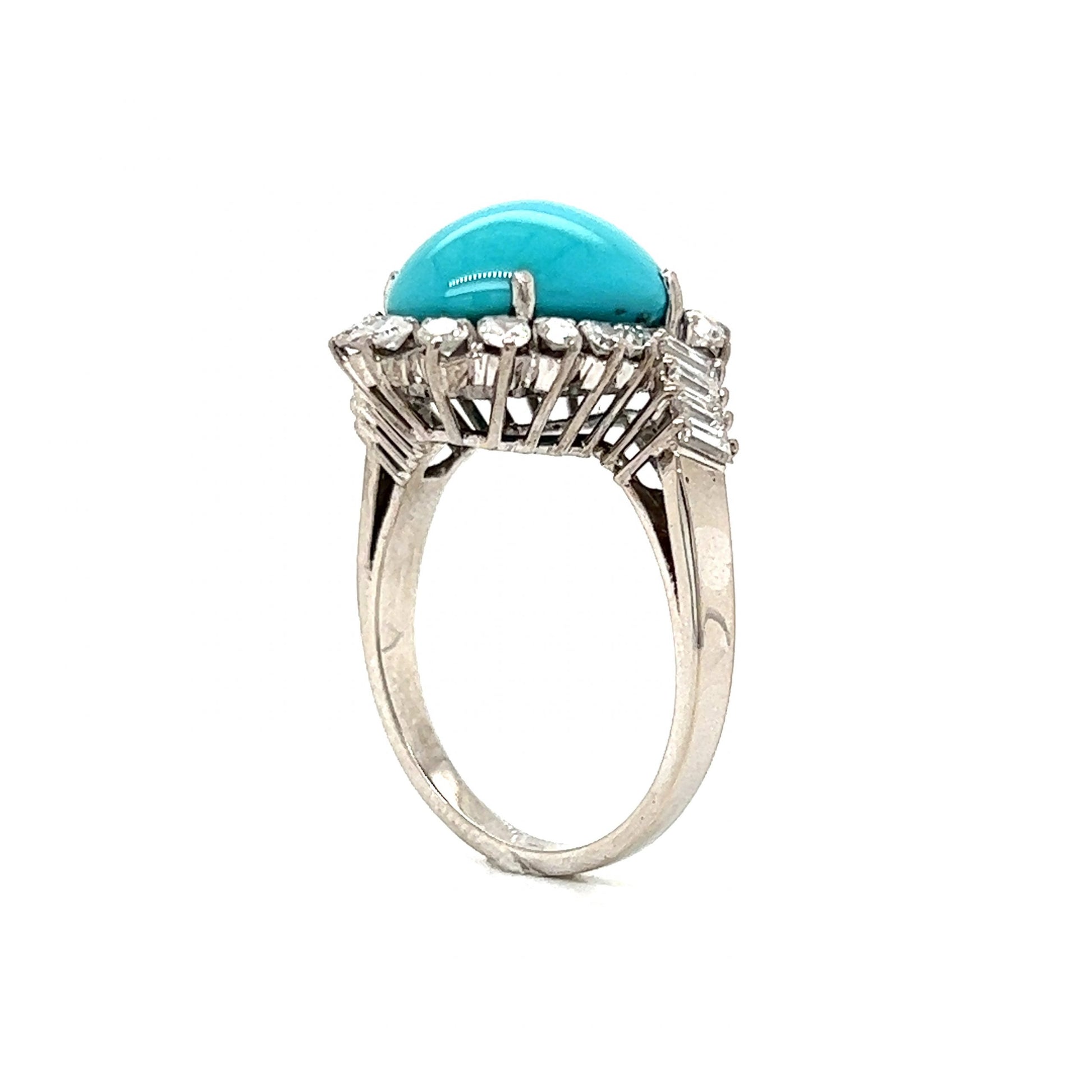 Mid-Century Turquoise & Diamond Cocktail Ring 18k White Gold