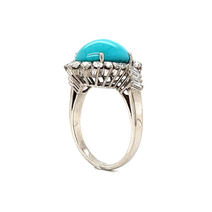 Mid-Century Turquoise & Diamond Cocktail Ring 18k White Gold