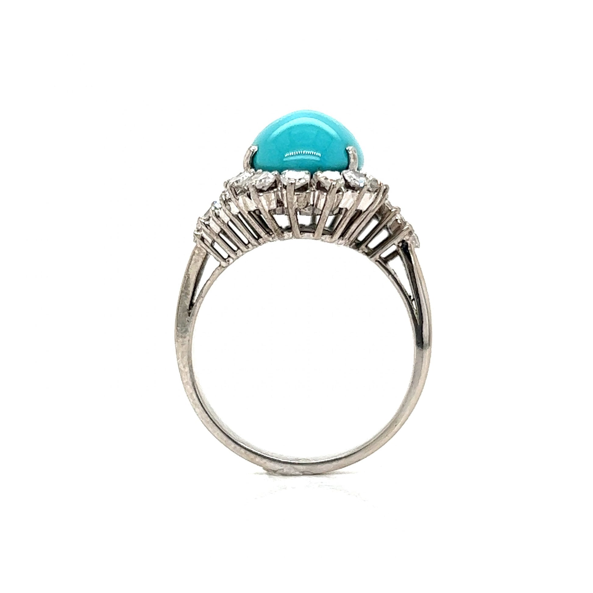 Mid-Century Turquoise & Diamond Cocktail Ring 18k White Gold