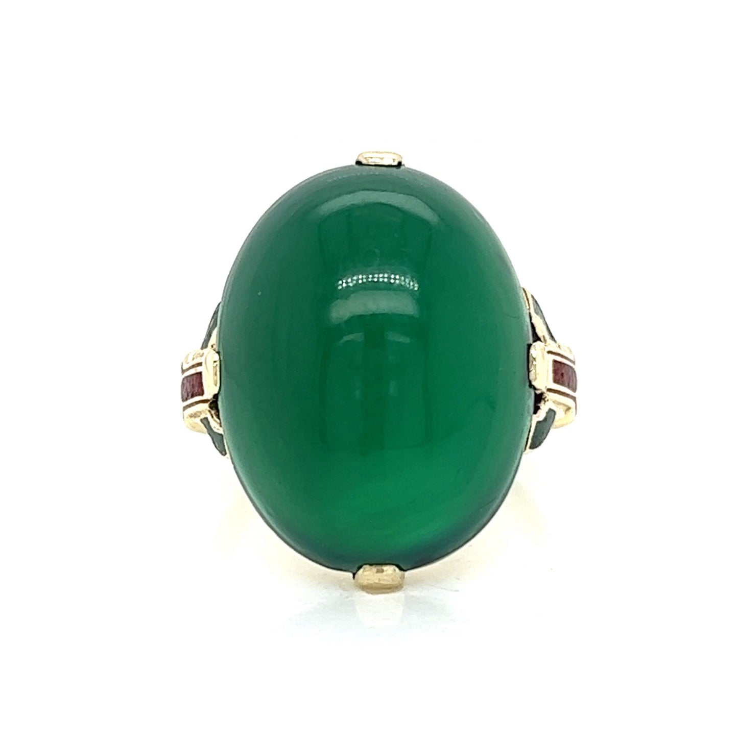 Art Deco Green Onyx & Enamel Ring in 14k Yellow Gold