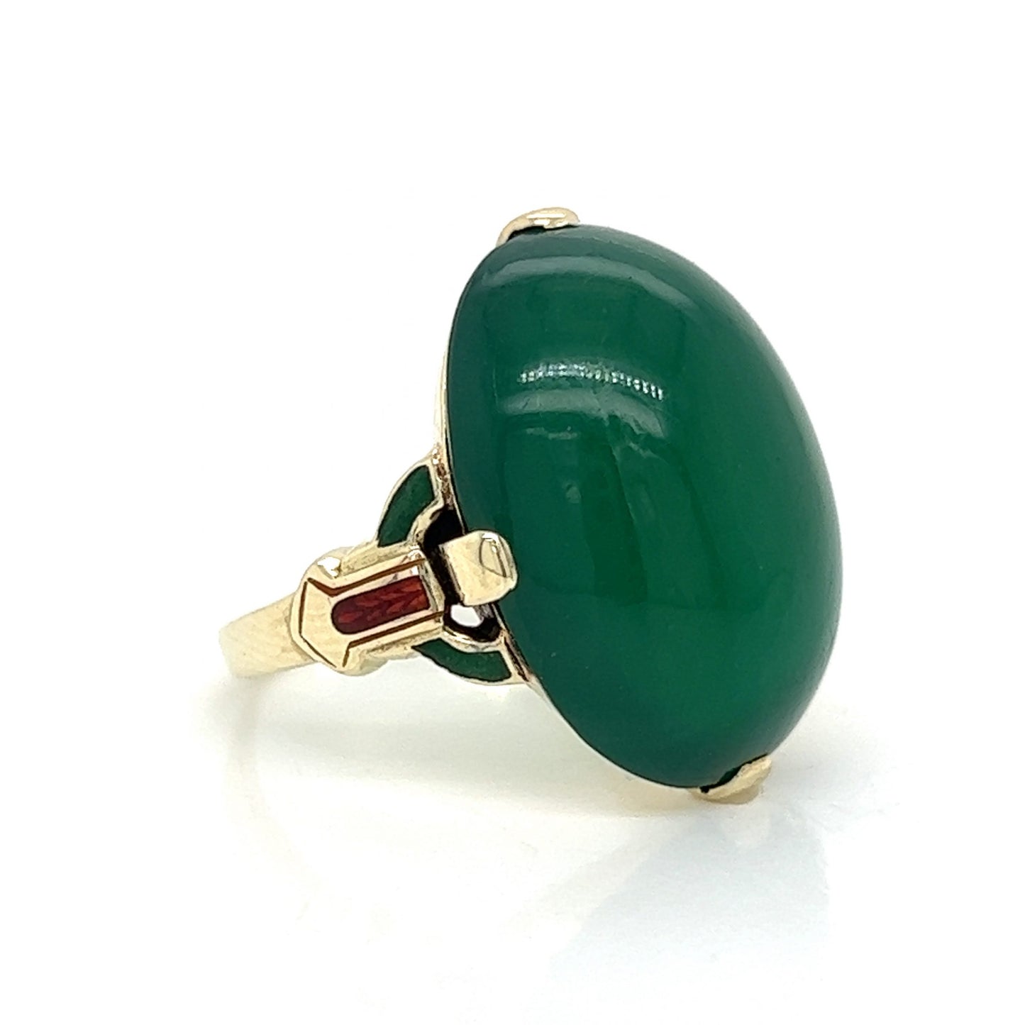 Art Deco Green Onyx & Enamel Ring in 14k Yellow Gold