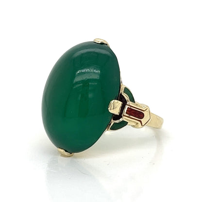 Art Deco Green Onyx & Enamel Ring in 14k Yellow Gold