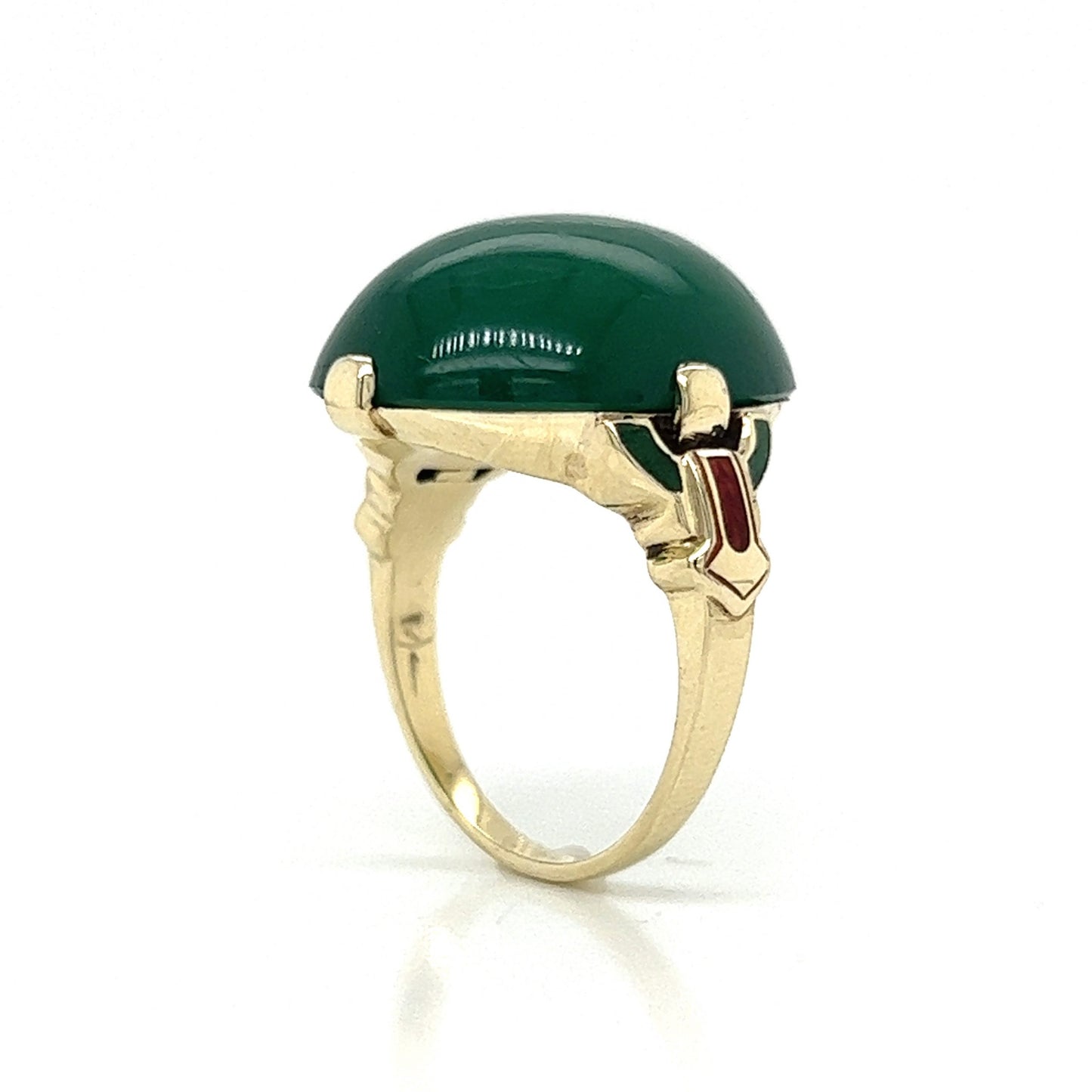 Art Deco Green Onyx & Enamel Ring in 14k Yellow Gold