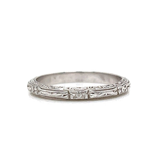 Art Deco Ornate Engraved Wedding Band in 18k White Gold