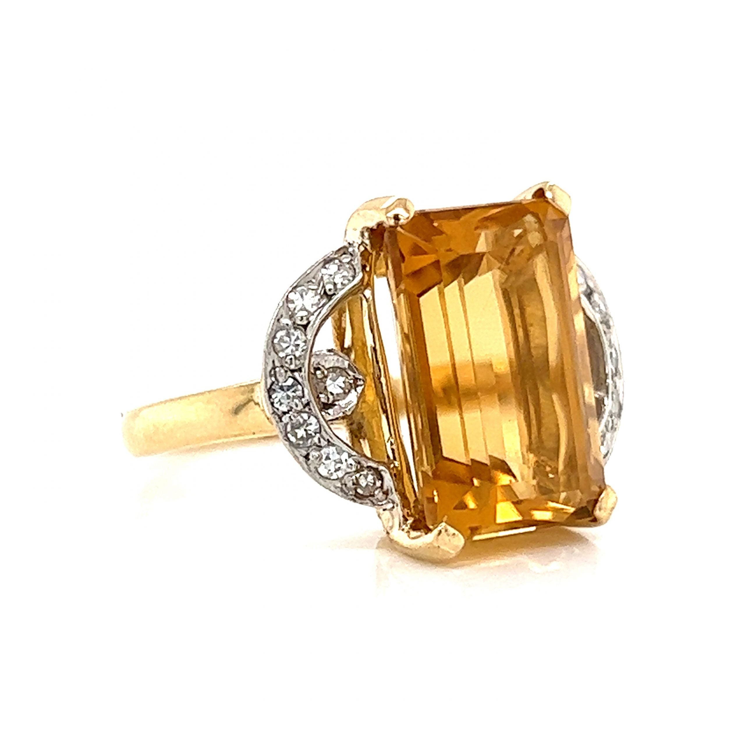 Mid-Century Citrine & Diamond Ring in 18k Yellow Gold - Filigree