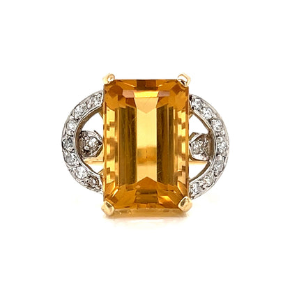 Mid-Century Citrine & Diamond Ring in 18k Yellow Gold